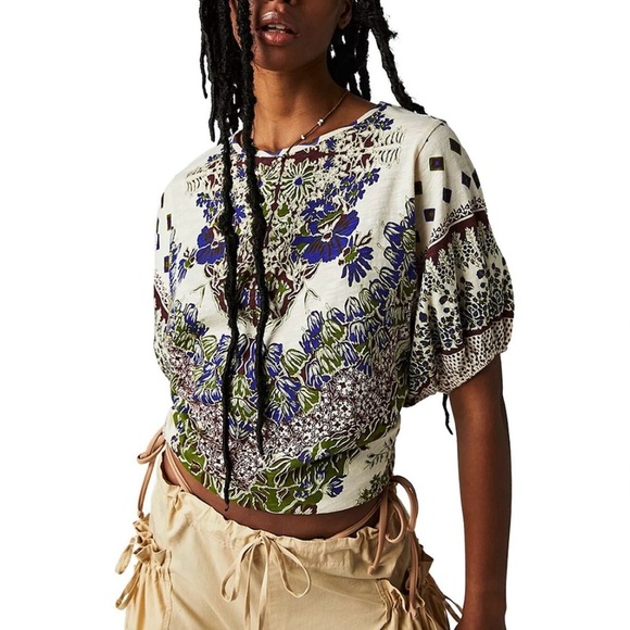 Free People Luly T-Shirt W’s XS Boho Print Tee Short Sleeve Top Oversized Baggy - Picture 1 of 15
